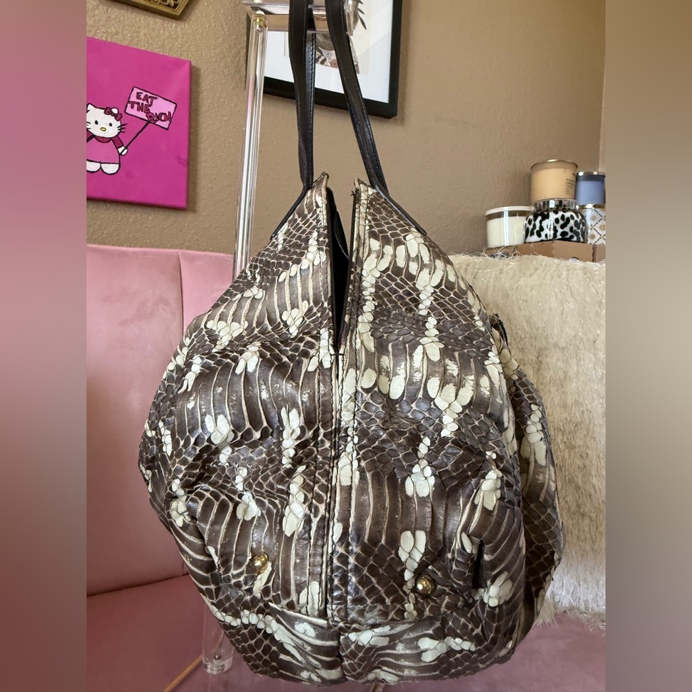 💯 Auth FURLA Snakeskin Leather Hobo Shoulder Bag w Brown Leather & Large Tassle - Picture 5 of 16